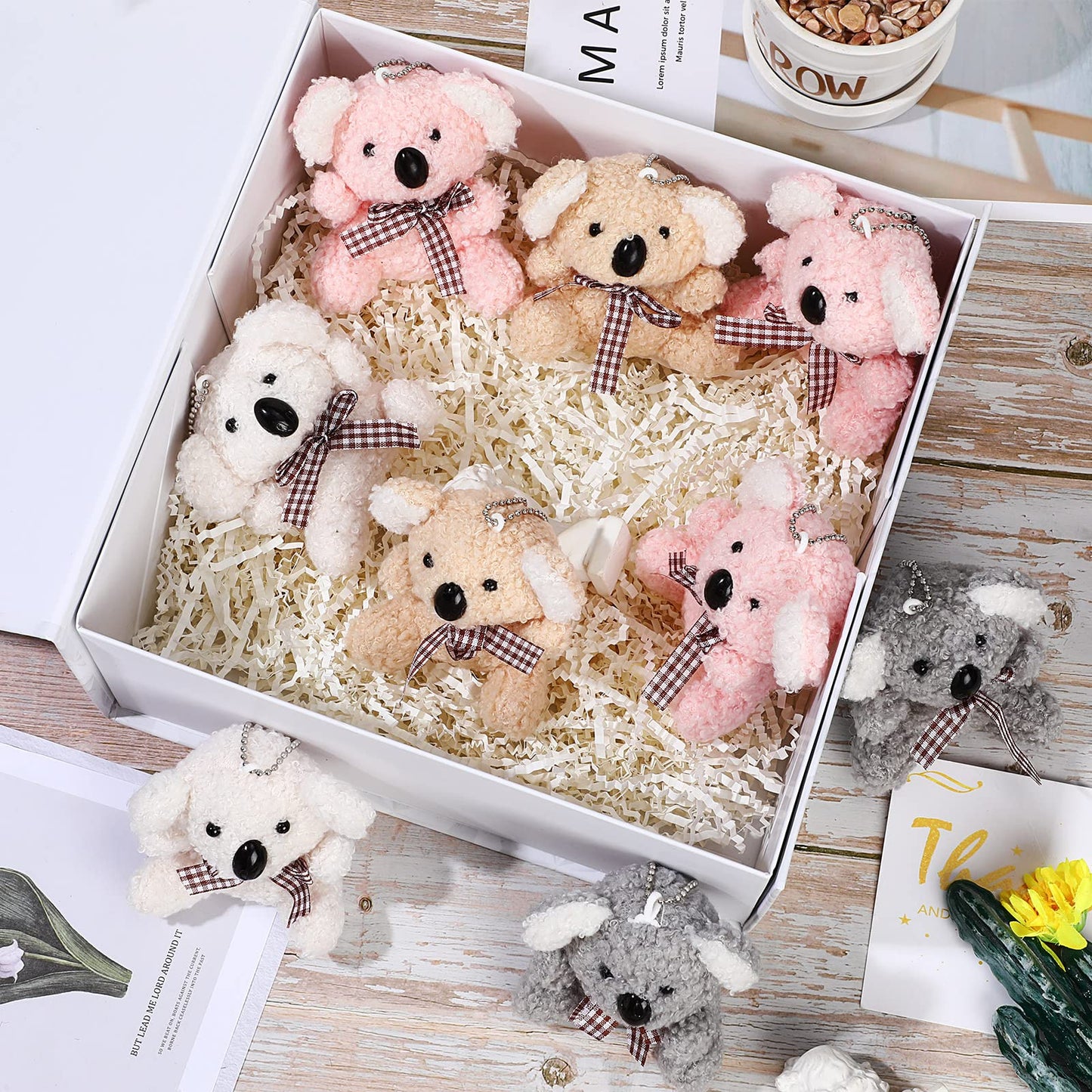 12 Pieces 4 Inch Plush Mini Bear Bunny Puppy Koala Easter Stuffed Animals Jointed Doll Toys Furry Dolls For Birthday Wedding Graduation Party Favors Diy Keychain (Koala, Pink, Apricot, Gray, White)