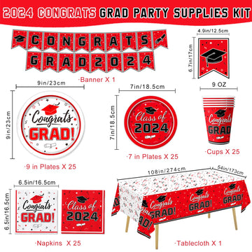Graduation Party Supplies Graduation Party Red Class Of 2024 Tableware Disposable Paper Plates Napkins Cups Banne Tablecloth For