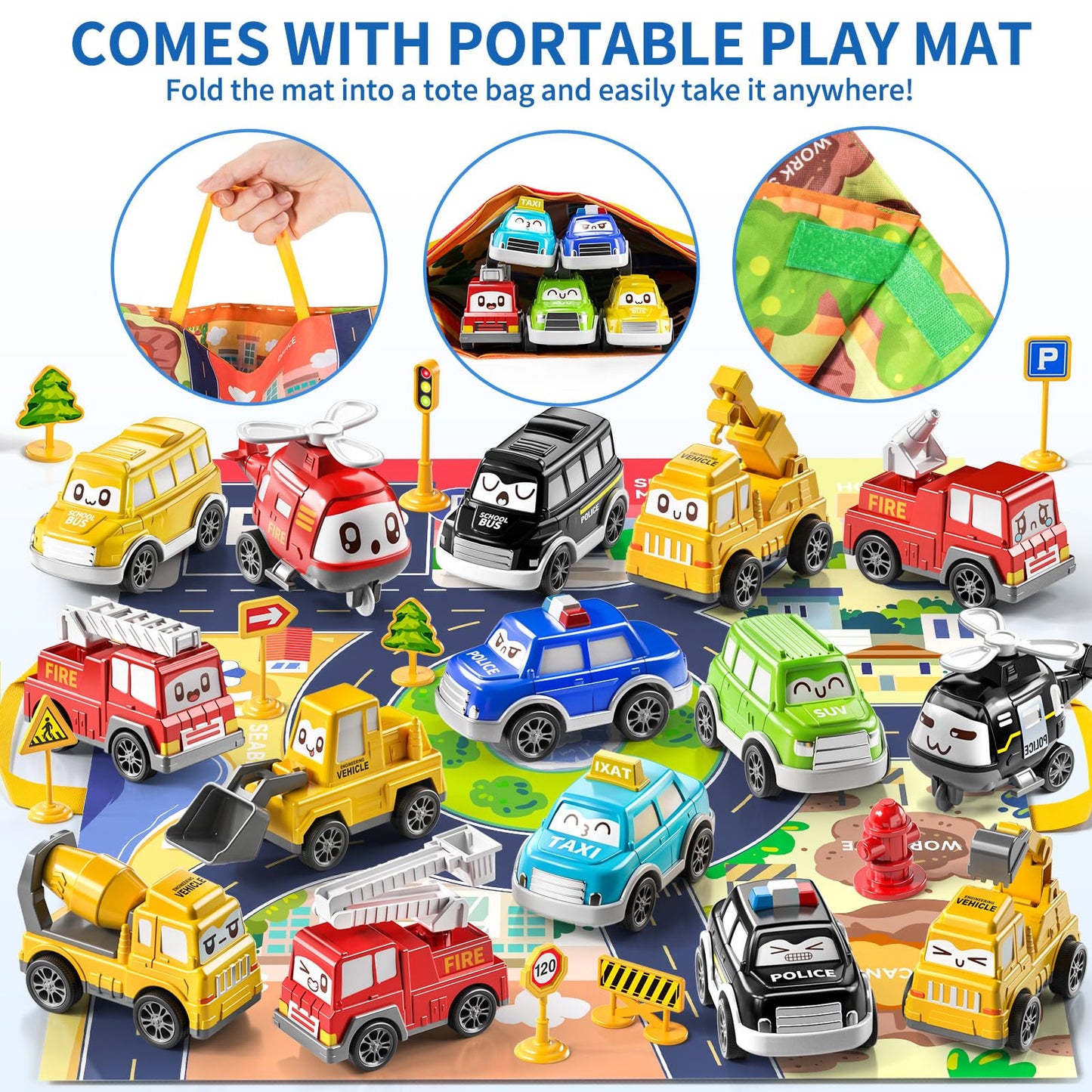 TEMI Baby Toddler Toys, 15 Pieces Baby Truck Car Toy with Play Mat/Storage Bag, Baby Toys for 1 2 3 Year Old Boy, 1 2 Year Old B
