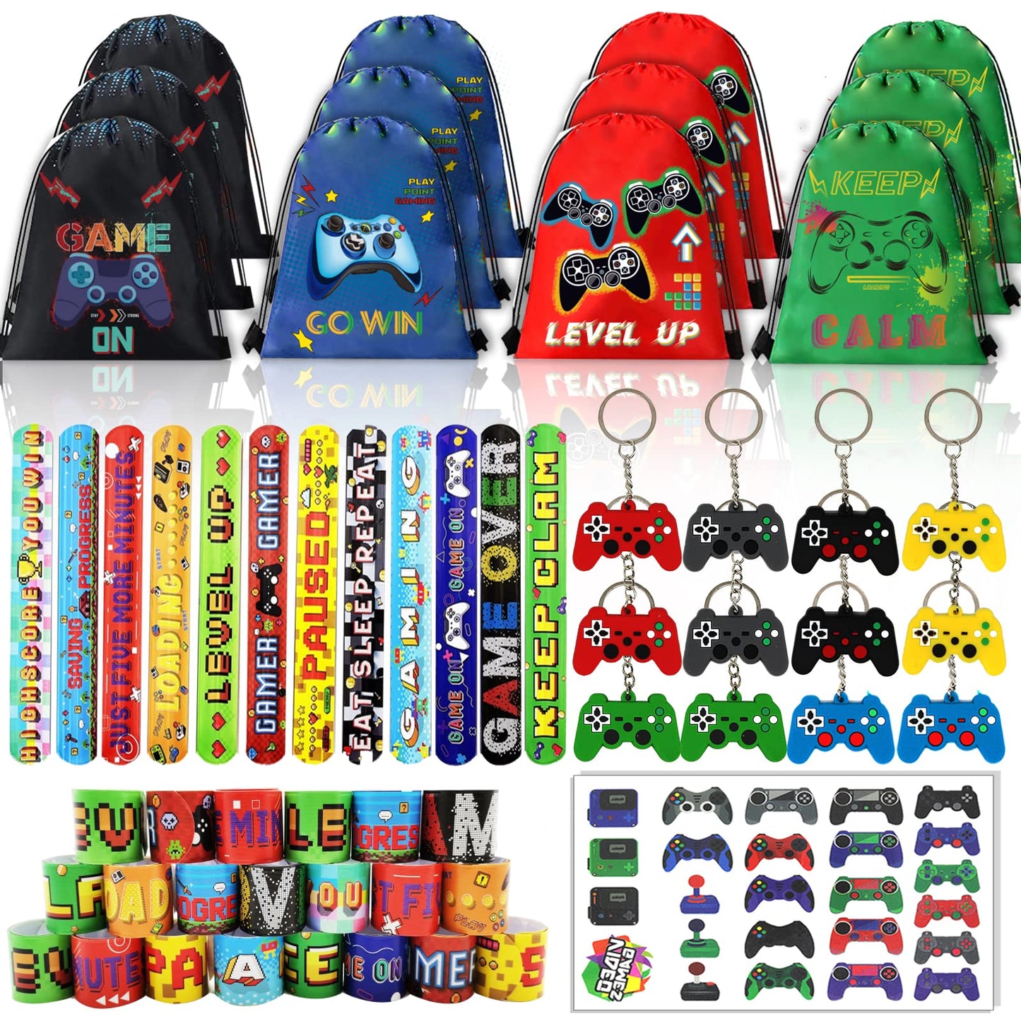 61 Pcs Video Game Party Favors, Gamer Party Favors Bags Includes 12 Pcs16 X 13 Inch Video Game Party Drawstring Bags Slap Bracel