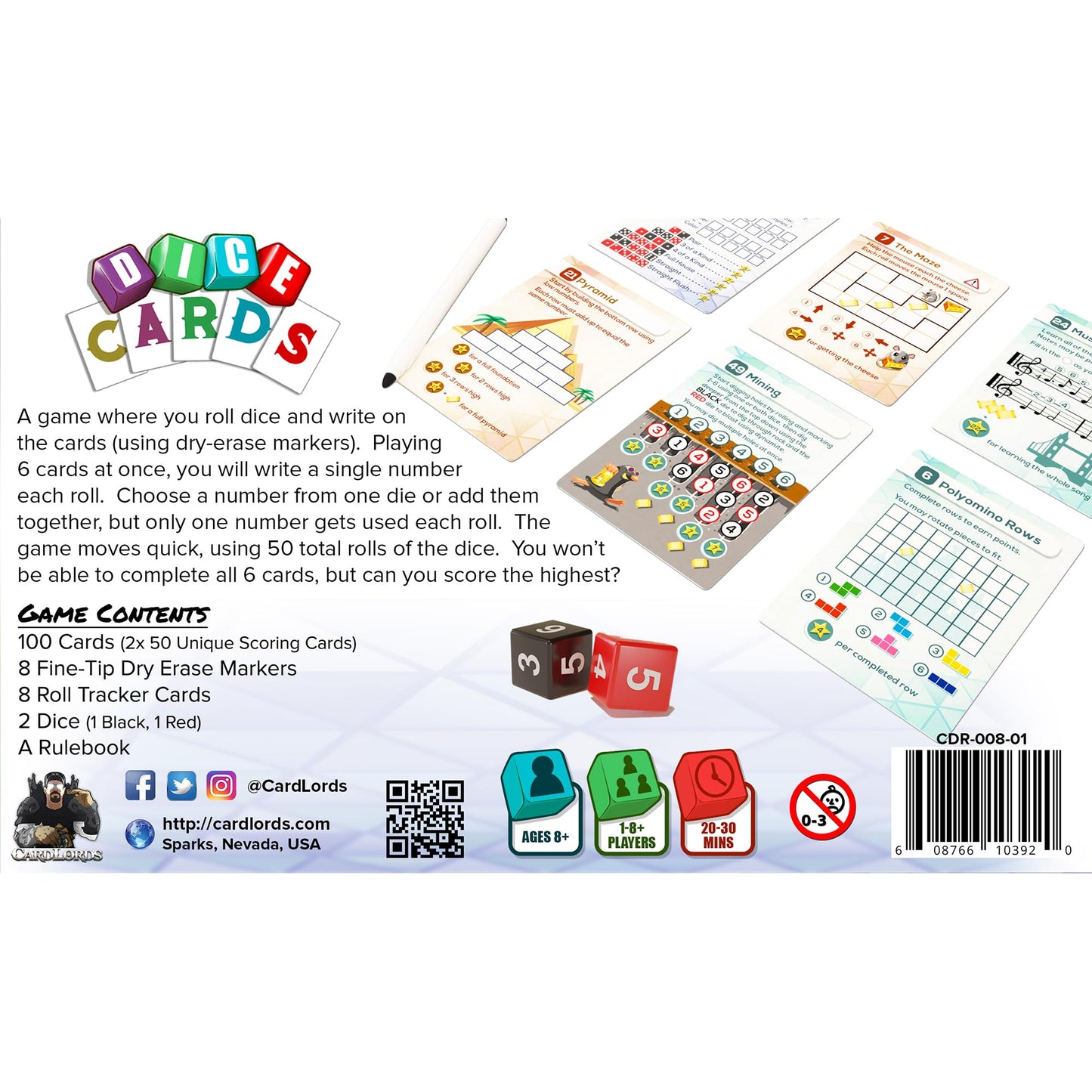 CardLords: Dice Cards - 50 Unique Roll & Write Mini Games in One Box, Strategy Card Games, Family Party Game, Ages 8+, 1-8 Playe