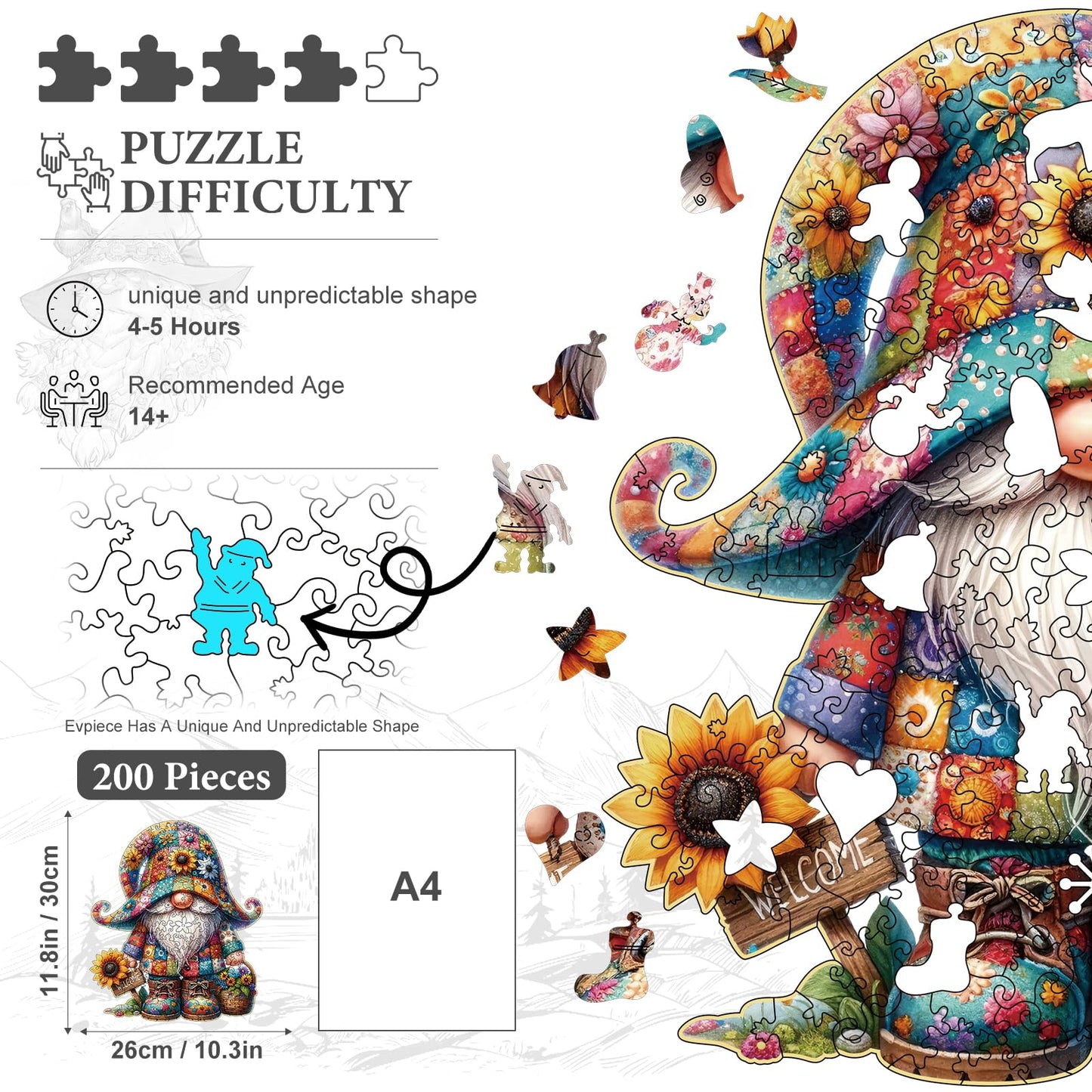 Hlison Wooden Jigsaw Puzzles, Gnome Wooden Puzzles For Adults With Unique Shape, Medium 10.3''X11.8'' Wooden Puzzles With Exquis