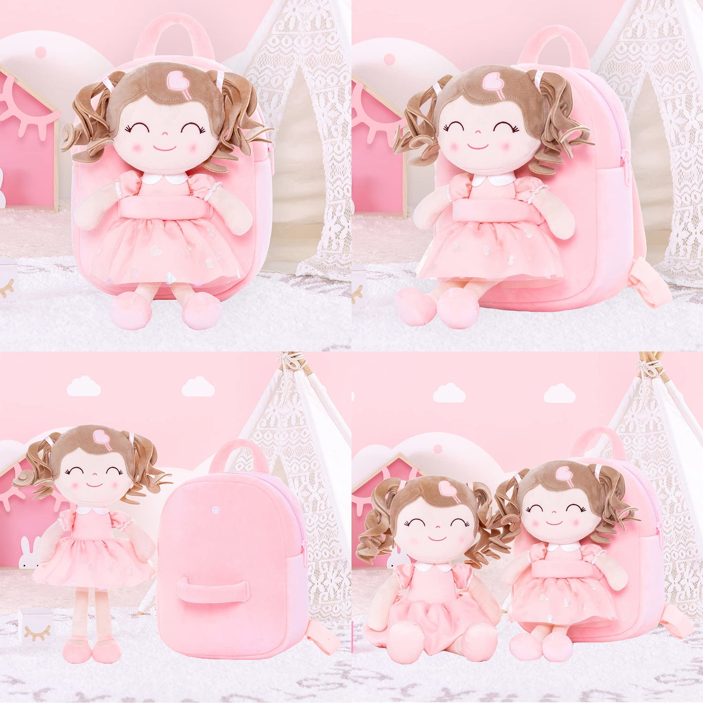 Gloveleya Toddler Backpack Baby Girl Gift Plush Bag Diaper Bag With Spring Girl Doll Curly Hair Girl Toys With Love Pink 9 Inches