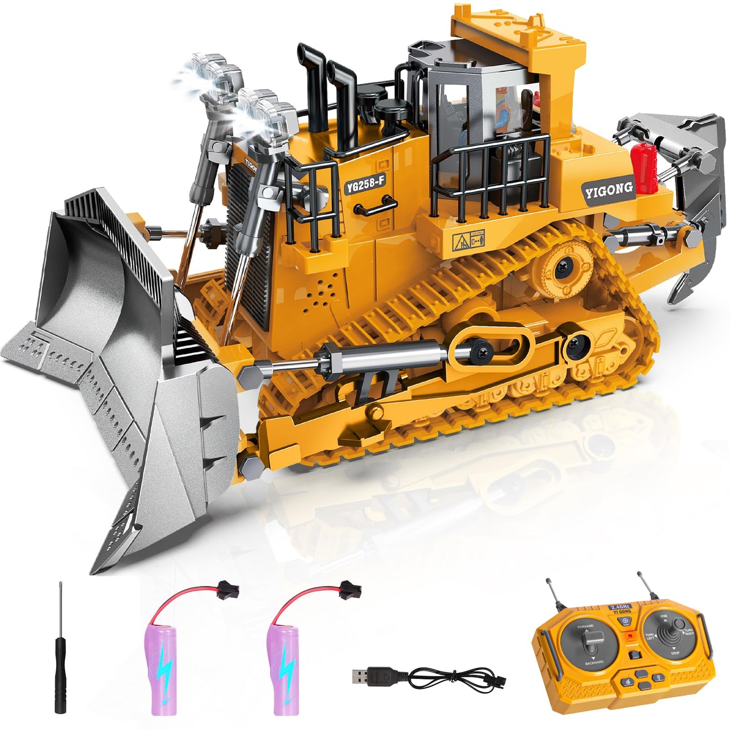 Remote Control Bulldozer, 9 Channels Metal Rc Construction Vehicle Toy With Light Sound And Rechargeable Battery, Remote Control