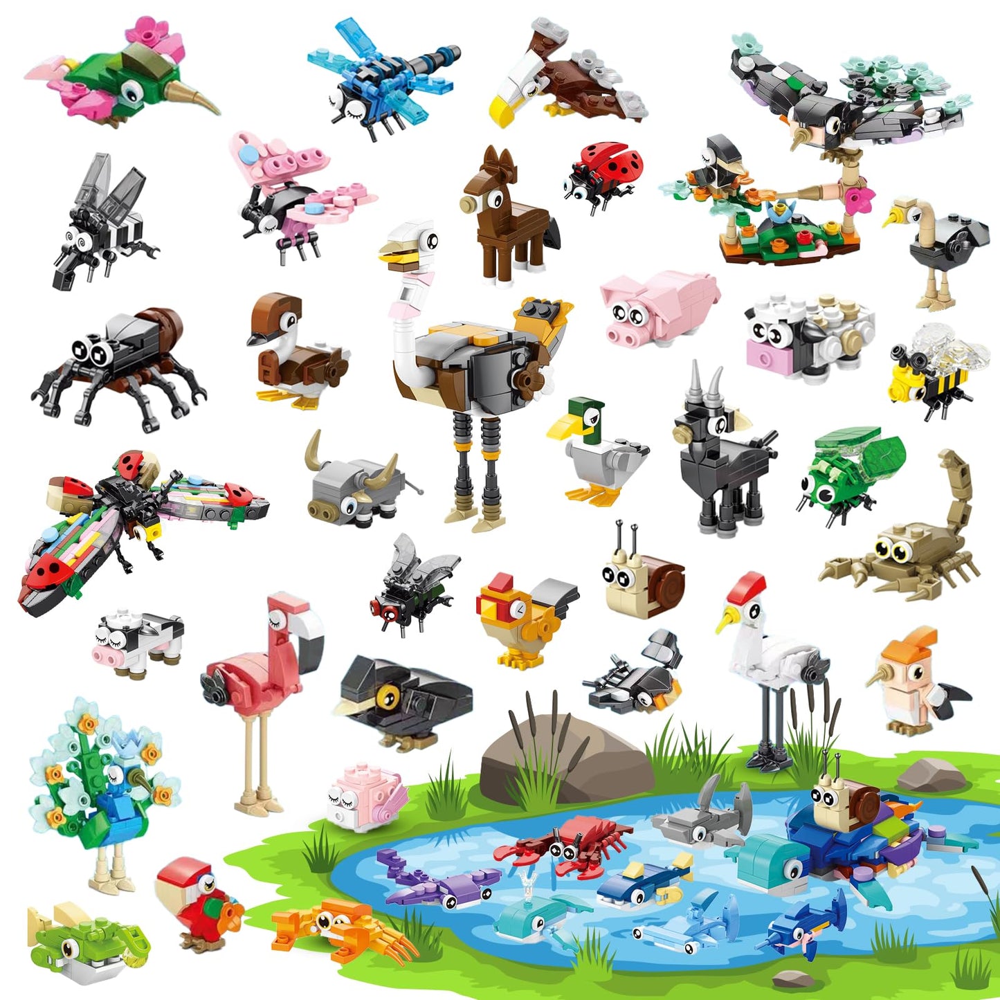 40 Packs Party Favors for Kids - 999+ PCS Animal Building Blocks, 4 Themes: Ocean, Birds, Insects, Farm - DIY Toys for Boys & Gi