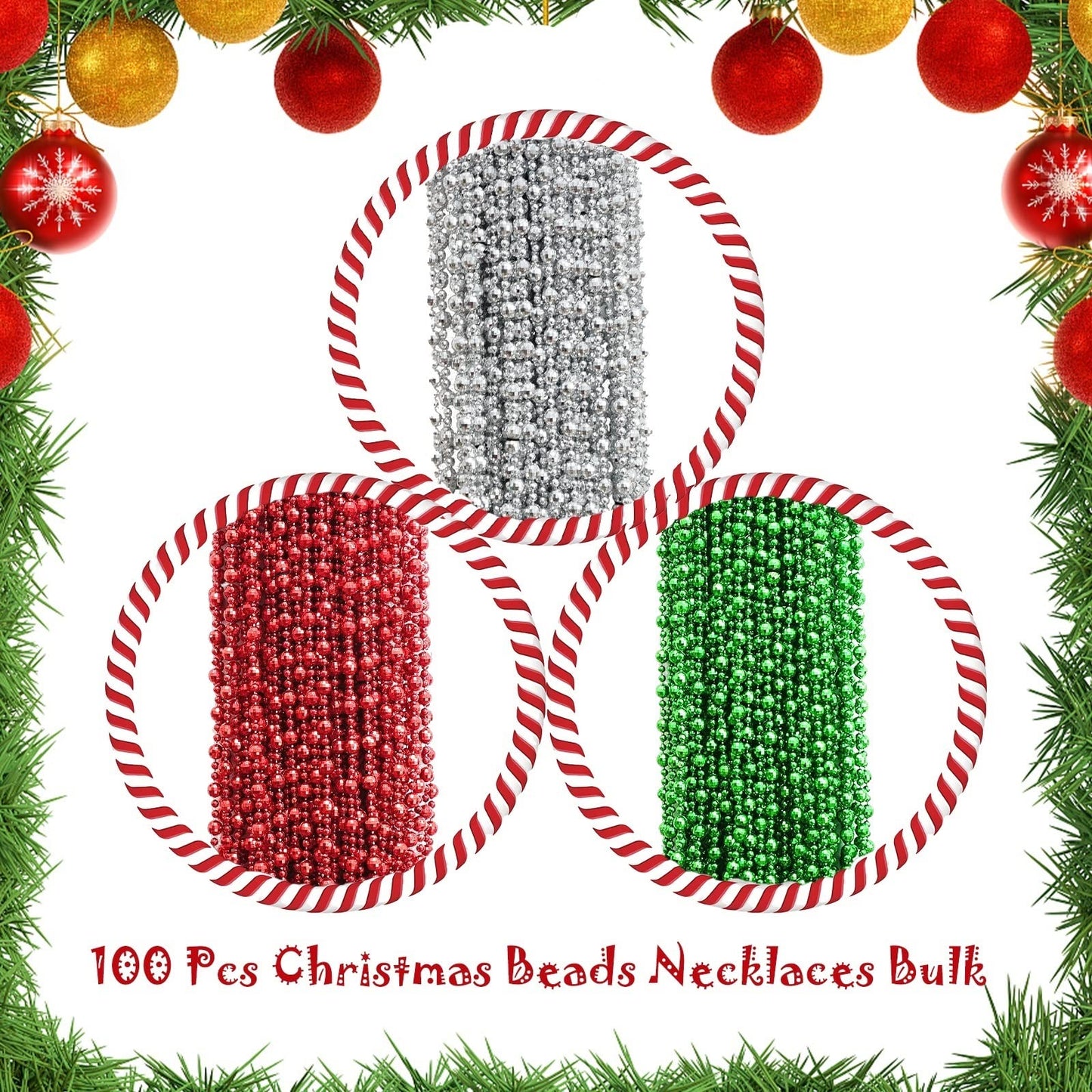 Dyhayaer 100Pcs Christmas Mardi Gras Beads Necklaces Bulk (7mm 33Inch), Green, Silver, Red Metallic Costume Beaded Necklaces for