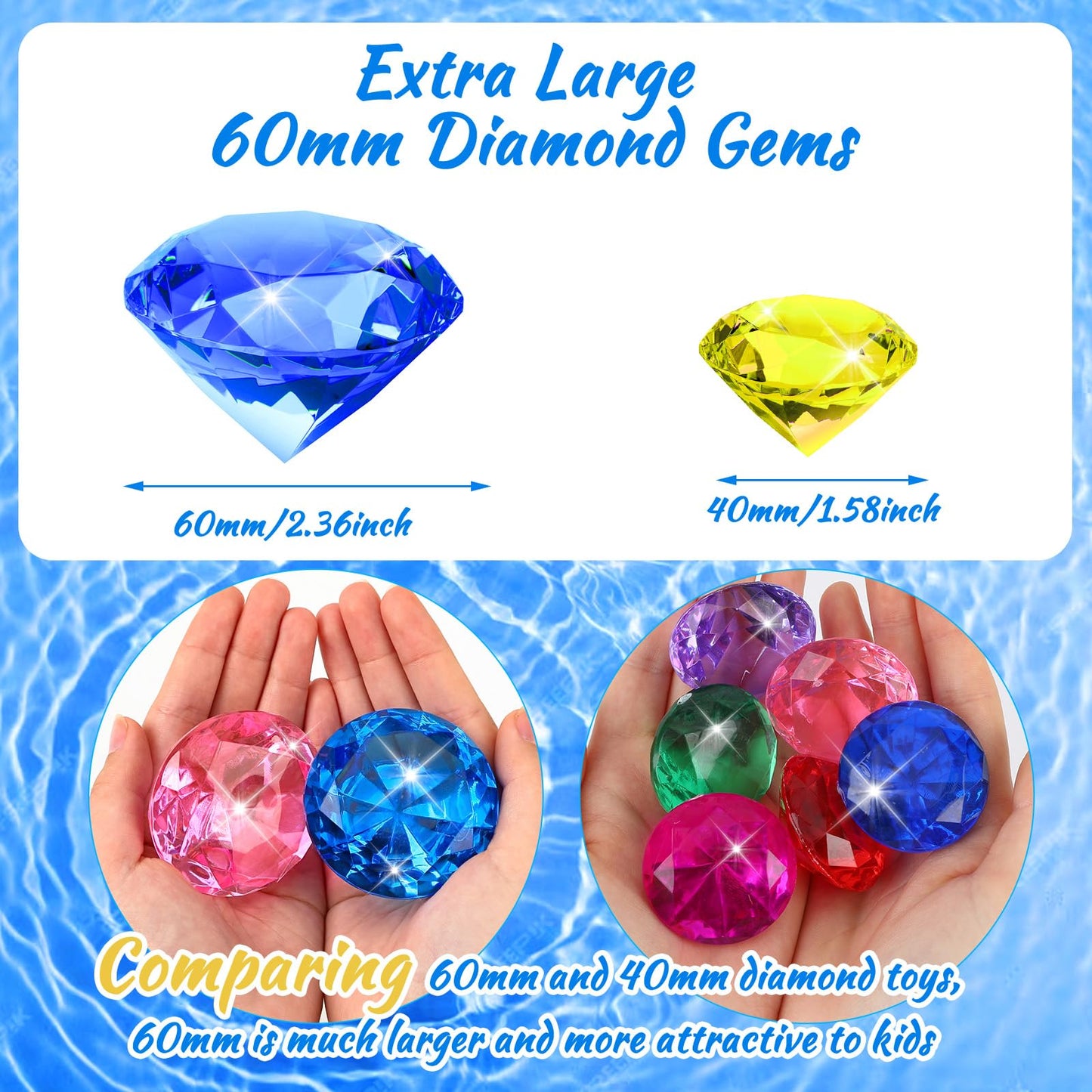 Marforever Extra Big Diving Gems, 60Mm Extra Large Diamond Pool Toys Huge Colorful Acrylic Diamond Gems Pirate Treasure Diving G