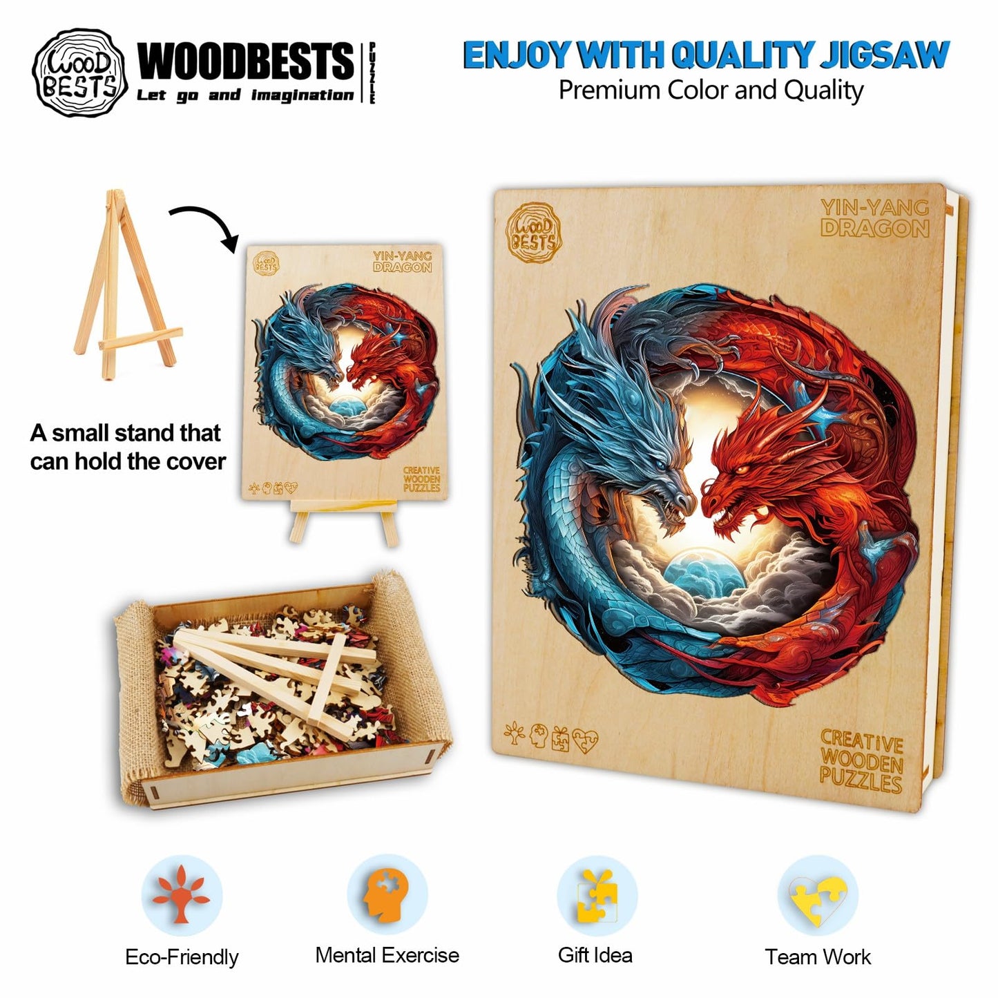 Woodbests Wooden Puzzle For Adults, Yin-Yang Dragon Puzzle (M, 200Pcs, 11.3'X10.9') Beautiful Wooden Box, Wooden Jigsaw Puzzles Unique Shape, Birthday Gifts For Adults And Kids Family Game