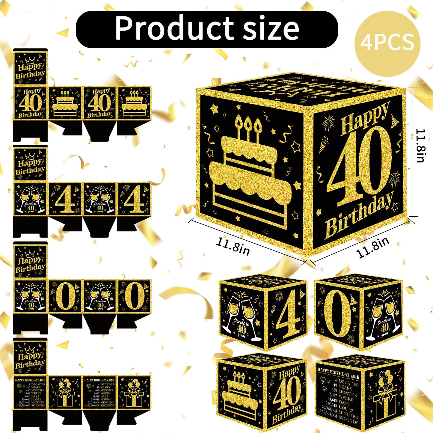 Toniful 4 Pcs 40Th Birthday Decorations Boxes For Men Women,Fourty Years Old Birthday Cardboard Box Party Supplies,Black And Gol