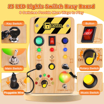 Tintecusa Busy Board Montessori Toys For Toddler, Wooden Sensory Board Switch Toy With Color-Changing Led Light Up Travel Toys E