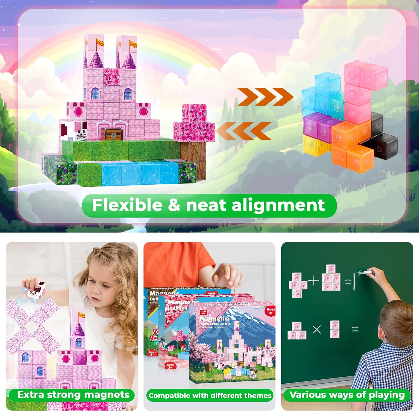 Magnetic Blocks-100Pcs Magnetic Building Blocks, Magnetic Castle Princess Castle Garden Stem Magnetic Building Cubes For Toddler Kids Toys, Construction Toys For Kids Ages 3+