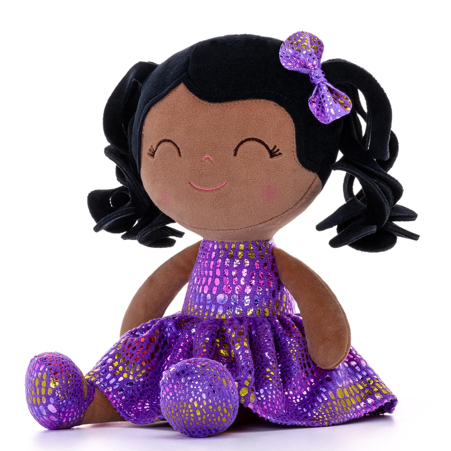 Gloveleya Soft Dolls Plush Figure Brown Skin Glitter Purple Dress Baby Doll Gift 12Inches