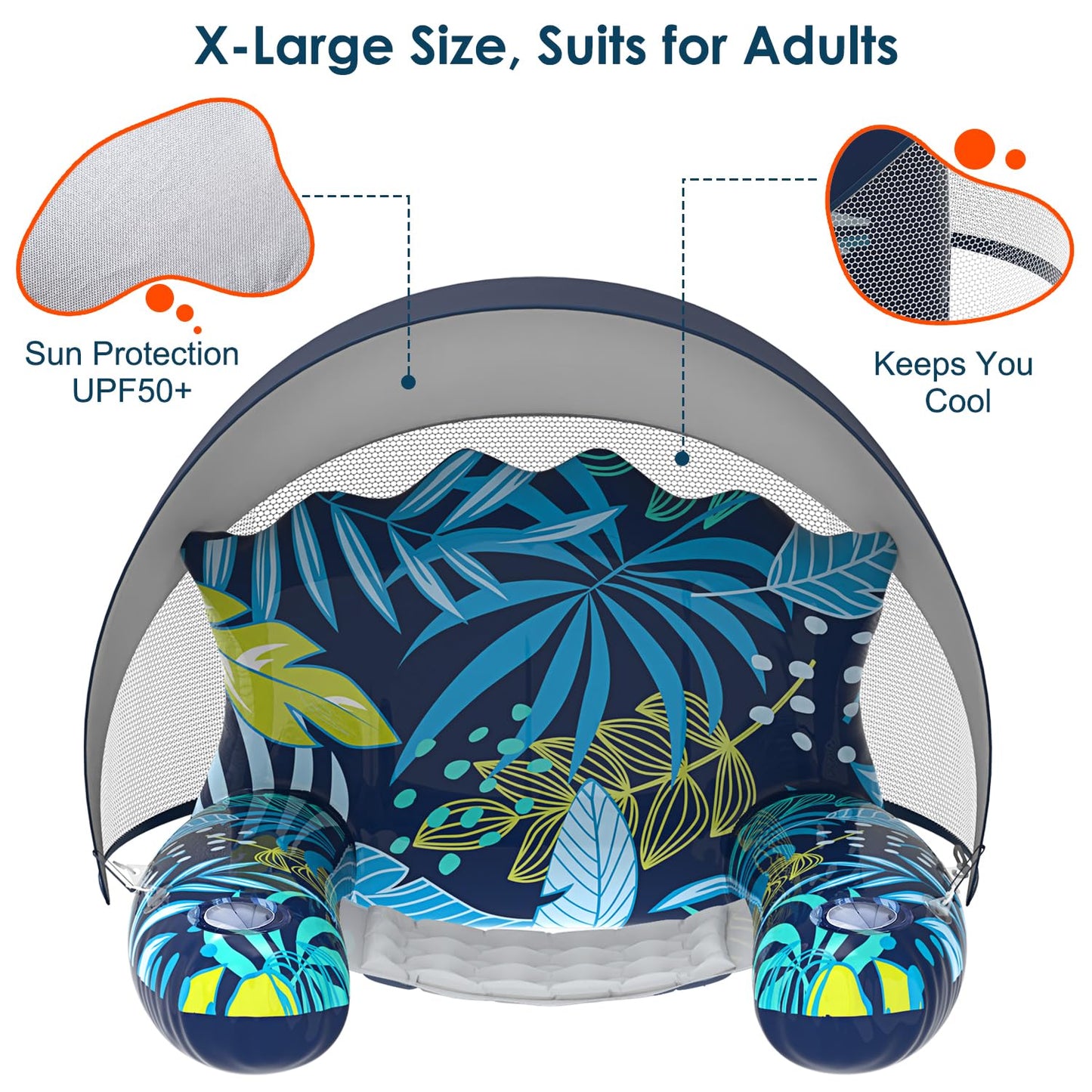 Inflatable Pool Floats Adult With Canopy, Xl Pool Chair Lounge Float Raft Heavy Duty With Sun Shade Cover, Cup Holders, Water Po