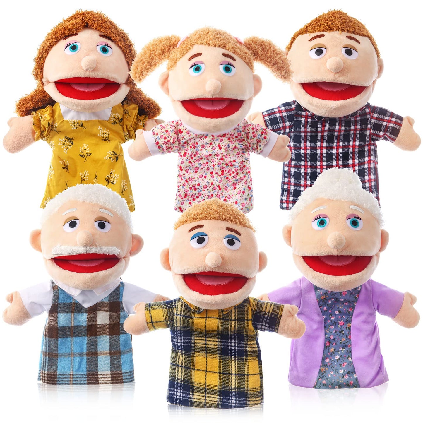 6 Pcs Family Hand Puppets 12 Inch Grandparents, Mom & Dad, Brother & Sister Plush Hand Puppet Toys Role-Play Toy Puppets For Kid