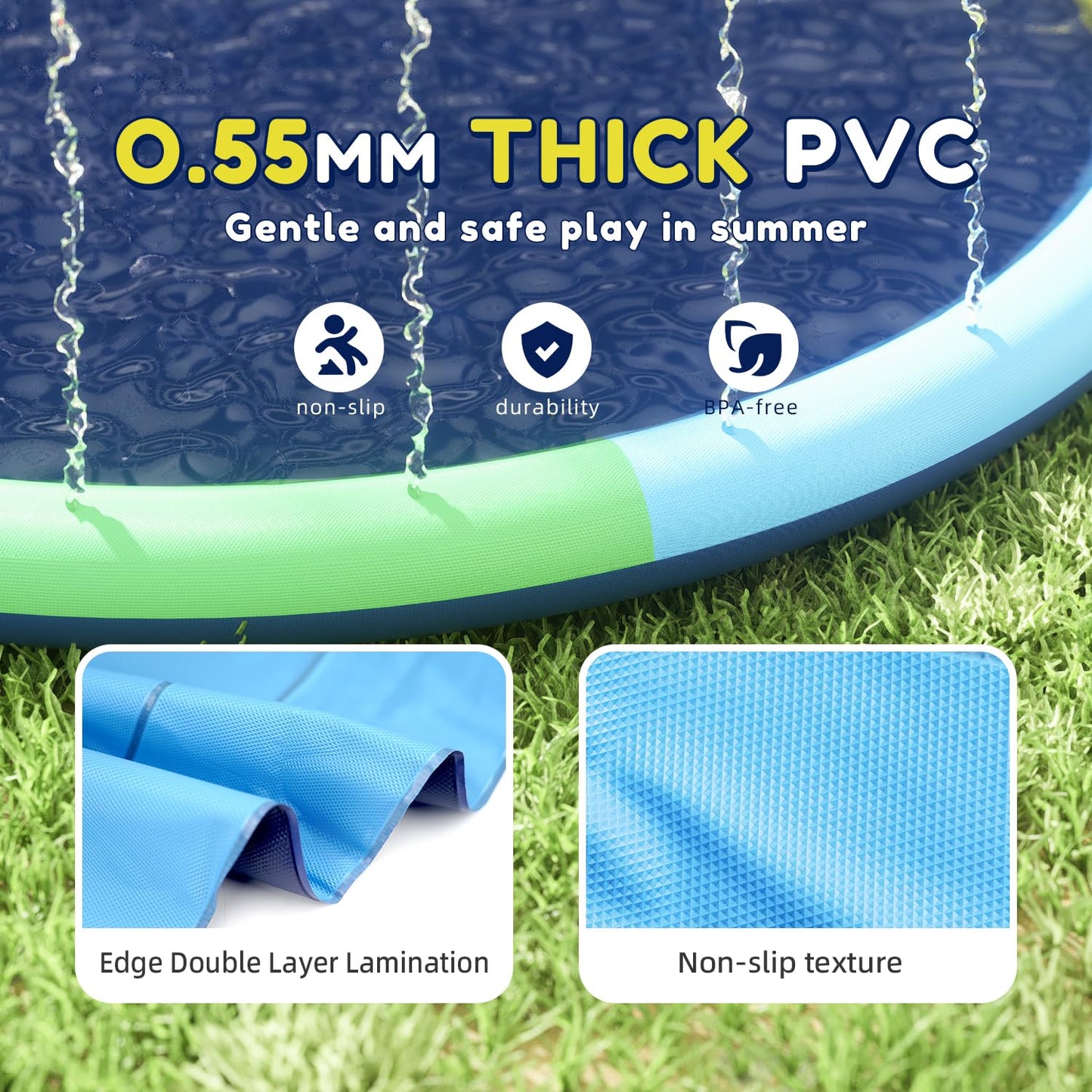 Kids Non Slip Splash Pad -79in Outdoor Sprinkler Play Mat, Dog and Kids Water Toys, Garden Lawn Pool Mat, Summer Outdoor Water T