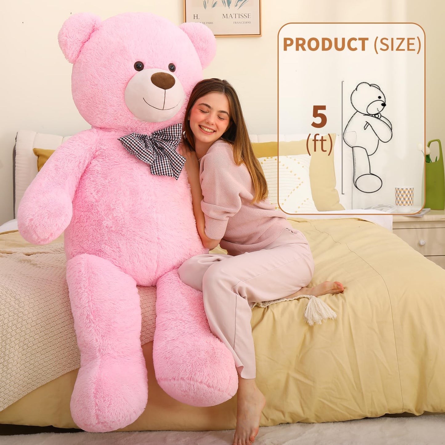Maogolan Giant Pink Teddy Bear Stuffed Animal 5 Feet,Soft Cuddly Smiling Face Big Teddy Bear Plush Gift For Boyfriend Girlfriend