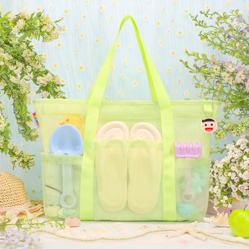 Tagitary Beach Toys Mesh Beach Bag with Zipper, Green Large Beach Tote Waterproof Sandproof with 8 Pockets for Storage Swim Pool