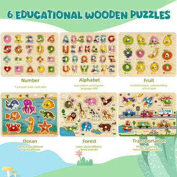 Edutree Wooden Peg Puzzles For Toddlers 1 2 3 4, 6 Pack Educational Peg Puzzles Montessori Toys, Learning Puzzles For Kids Girs