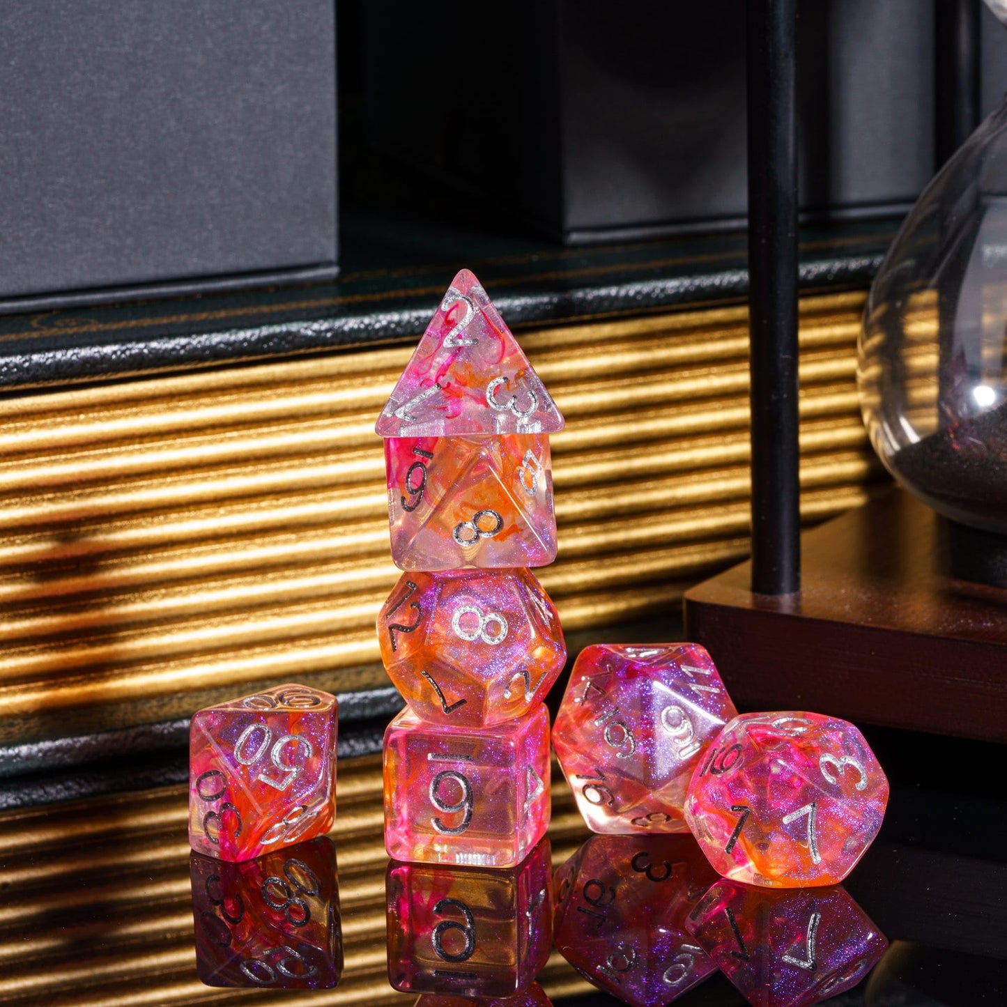 Udixi 7-Die Polyhedral Dice Set With Glitter And Orange Swirls Dnd Dice For Dungeons And Dragons Role Playing Games (Red Orange)
