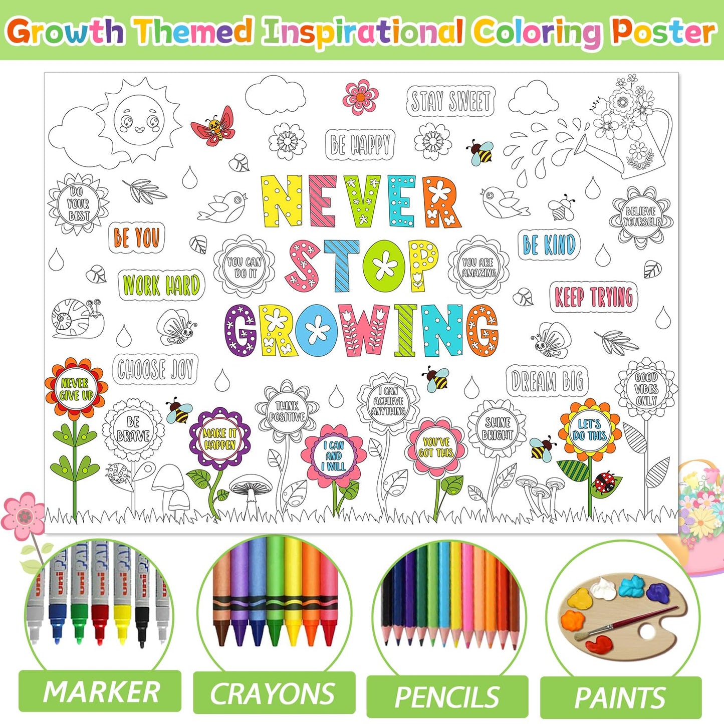 Naozinebi Never Stop Growing Coloring Poster For Kids Giant Coloring Poster Large Positive Affirmation Coloring Tablecloth Jumbo