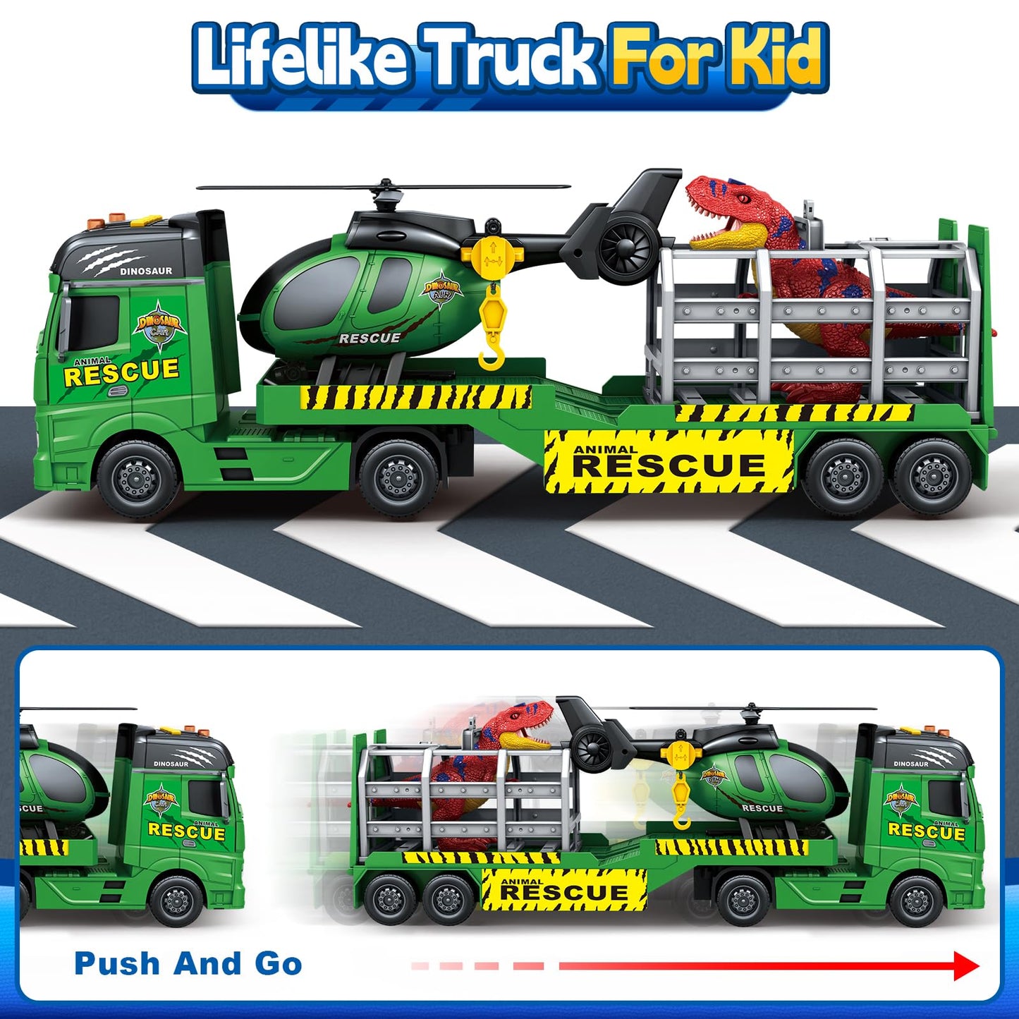 Toddler Boy Toys for 3 4 5 6 7 Years Kids, 23'' Semi Flatbed Truck Toy with a Dinosaure Truck, Friction Powered Vehicles Toys wi
