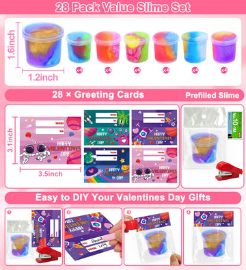 28 Pcs Valentines Day Gifts For Kids Classroom - Galaxy Slime With Valentines Day Cards For Kids School, Slime Stress Relief Fid
