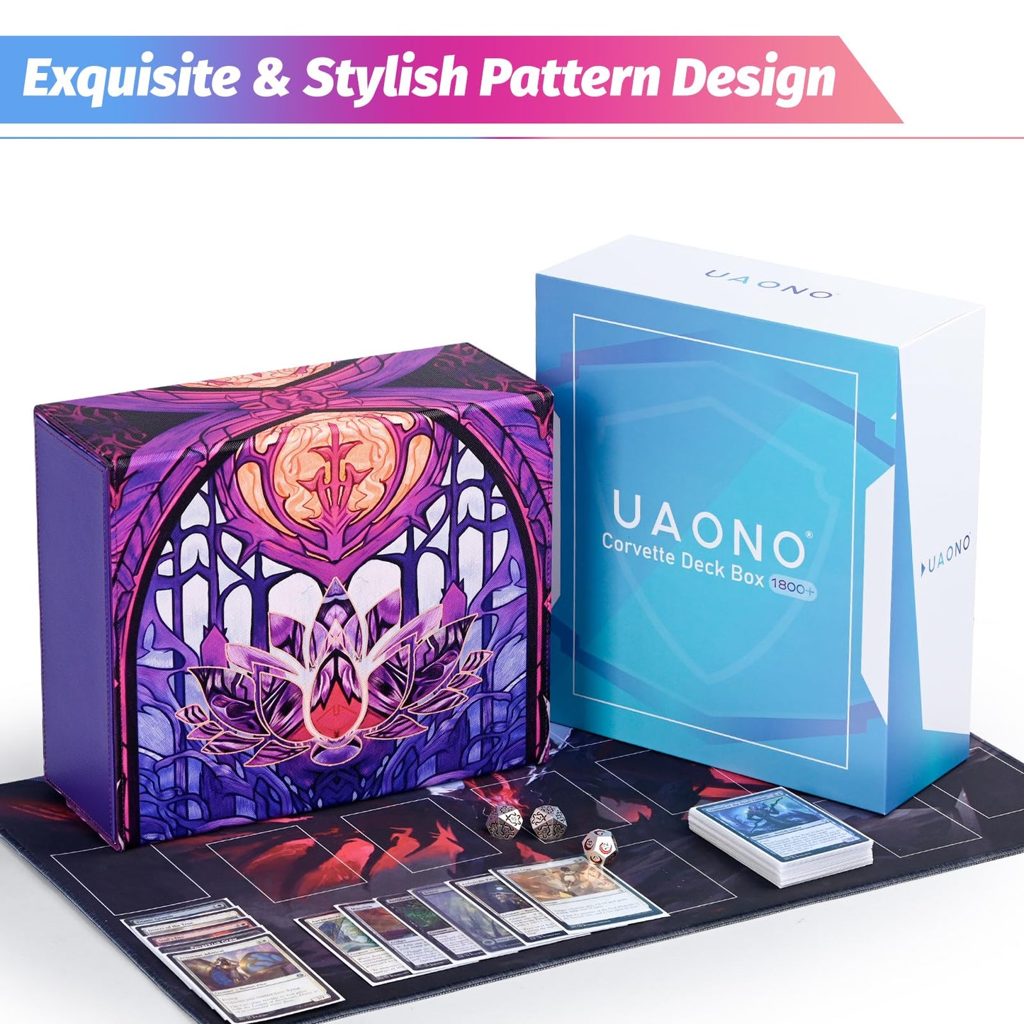 Uaono Card Storage Box For Mtg, Trading Card Deck Box Holds 1800+ With 6 Dividers, Leather Printing Magnetic Closure Card Storage Case Fits Tcg Ccg Sports Cards (Violet, Lotus)