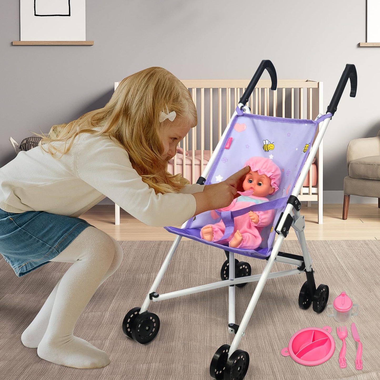 Anivia Doll Stroller Toy Realistic Doll Stroller Heart Design Gifts For Toddlers And Girls Foldable Baby Doll Stroller Toy(Withtoy Tableware)