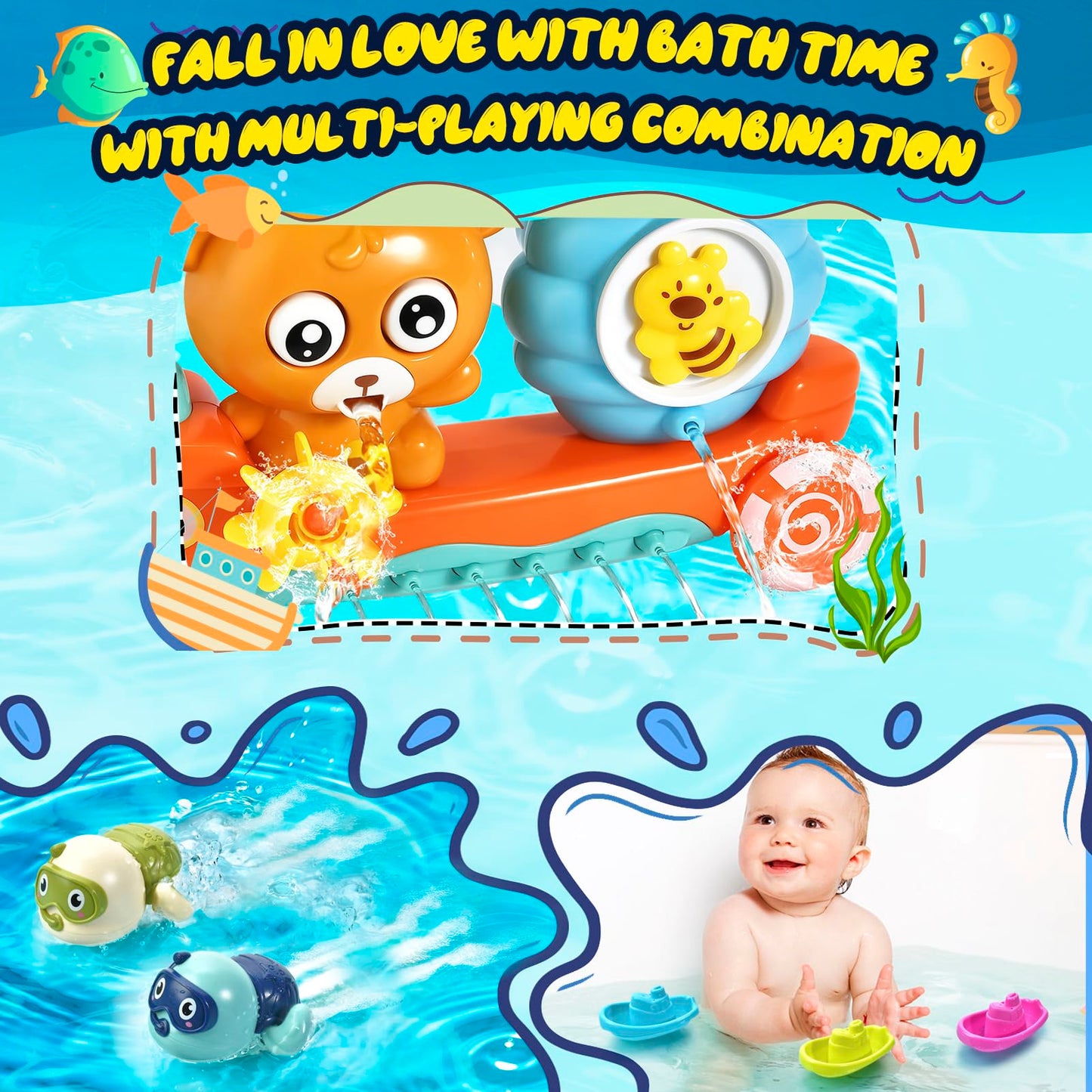Baby Bath Toys Toddlers 1-3 Bear Kids Bath Tub Toys With 2 Turtle Swimming Wind Up Water Toys & 3 Floating Boat Bathtub Toys For Infants Boys Girls 18+ Months Gifts Box Set