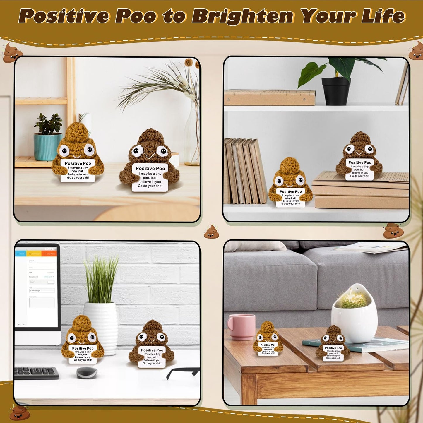 Cozymate Positive Poo With Affirmations Cards Emotional Crochet Support Positive Energy Gifts For Women Friends Christmas Gag Gift (Brown&Yellow, 2P)