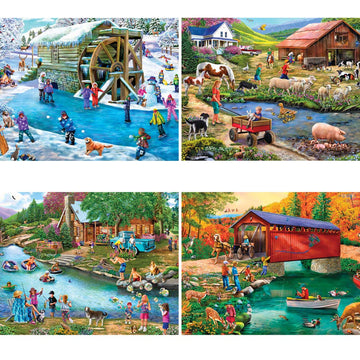 Bits And Pieces - 4-In-1 Multi-Pack 300 Piece Jigsaw Puzzles For Adults - River Escapades By Artist Mary Thompson, Completed Puz