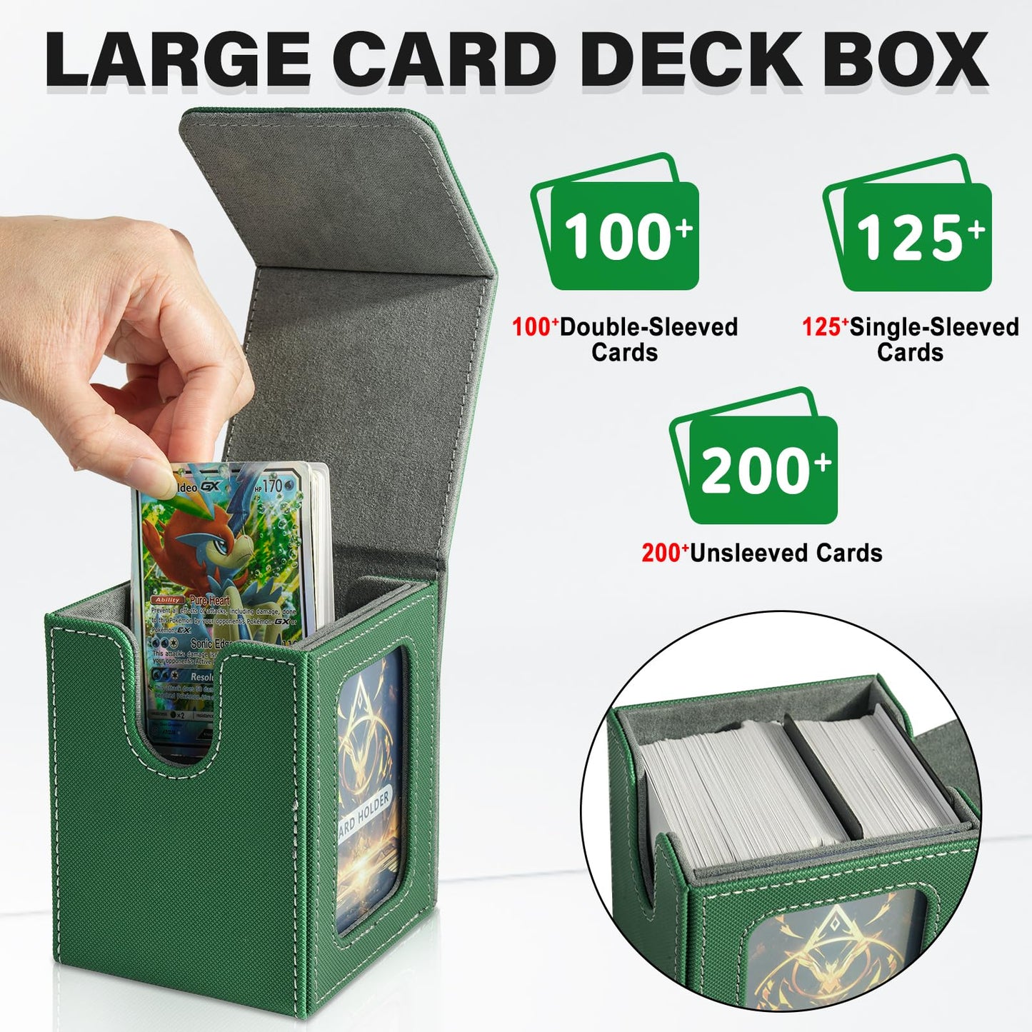 Jaffzora Deck Box For Mtg Commander, Magnetic Card Display Case, Tcg Card Storage Box, Holds 100 Double-Sleeved Cards, Green&Gra