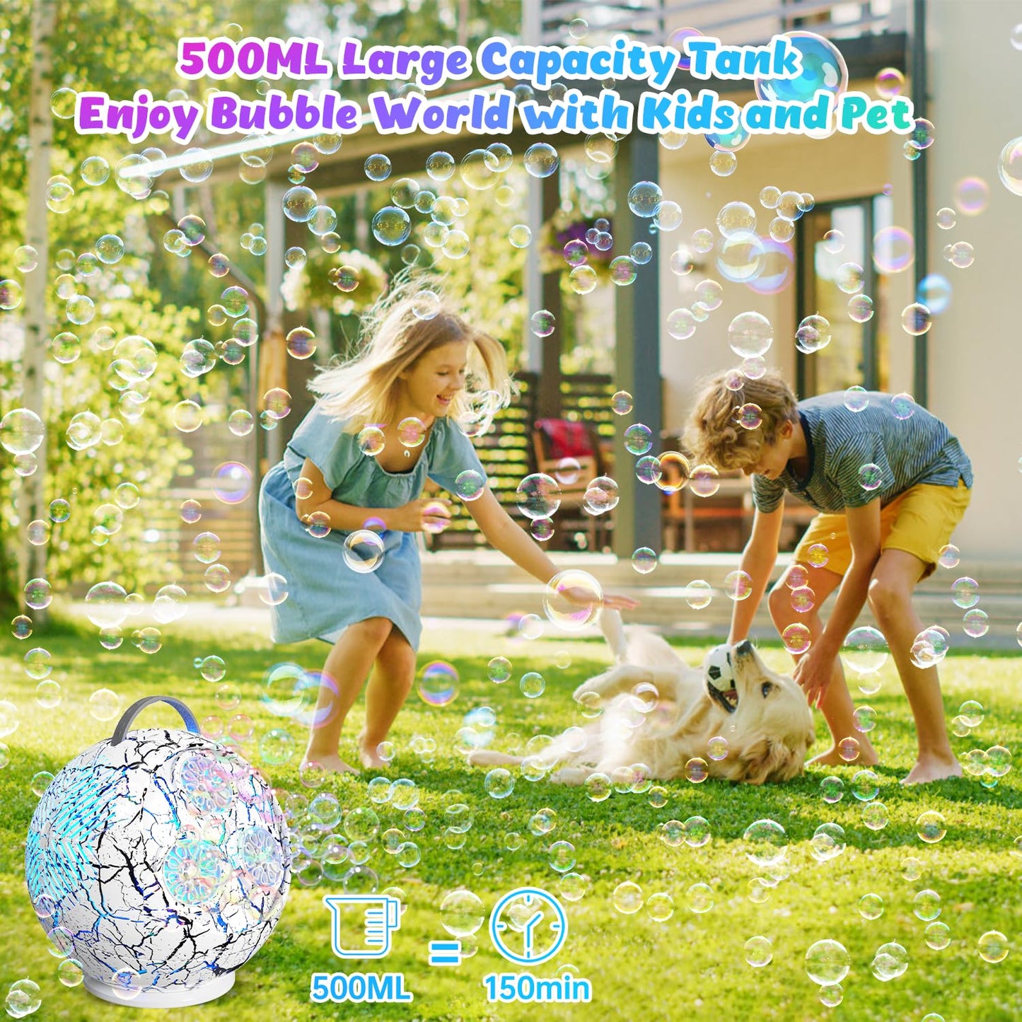 Bubble Machine for Kids Toddlers 45/360 Automatic Rotation Spherical Bubble Maker Toy with RGB Light Rechargeable Type-C Charge Bubble Blower Outdoor Wedding Party Birthday Gifts (White )