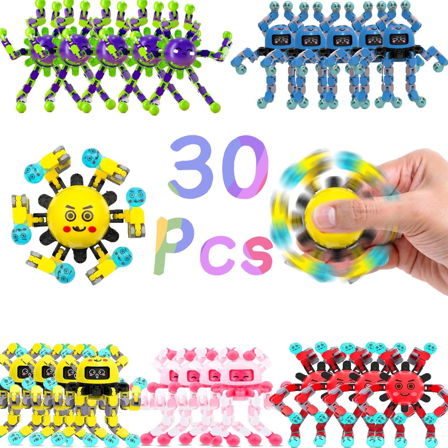 30 Pcs Transformable Fidget Spinner Toys For Kids & Adults,Stress Relief Sensory Toys For Boys & Girls, Fingertip Gyros For Adhd