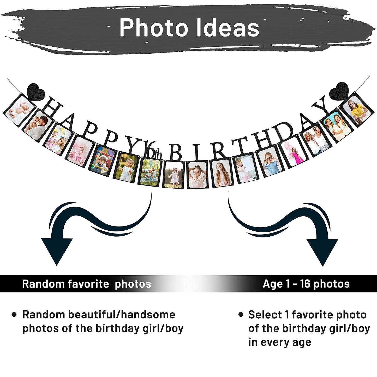 Sweet 16 Birthday Decorations Photo Banner In Black Pre-Assembled - Sweet 16 Banner With Sixteen Photo Card Frames Party Supplie