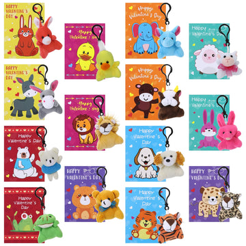28 Pack Valentines Day Gift Cards for Kids with Mini Animal Plush Toys Keychains,Stuffed Animal for Students Classroom Exchange,
