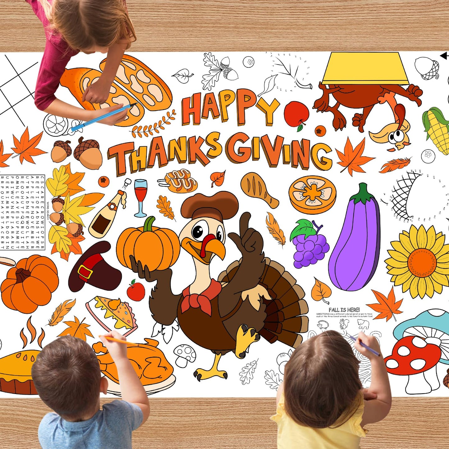 DERAYEE Thanksgiving Giant Coloring Poster, 72 x 35 Inches Disposable Thanksgiving Coloring Tablecloth Fall Harvest Themed Jumbo