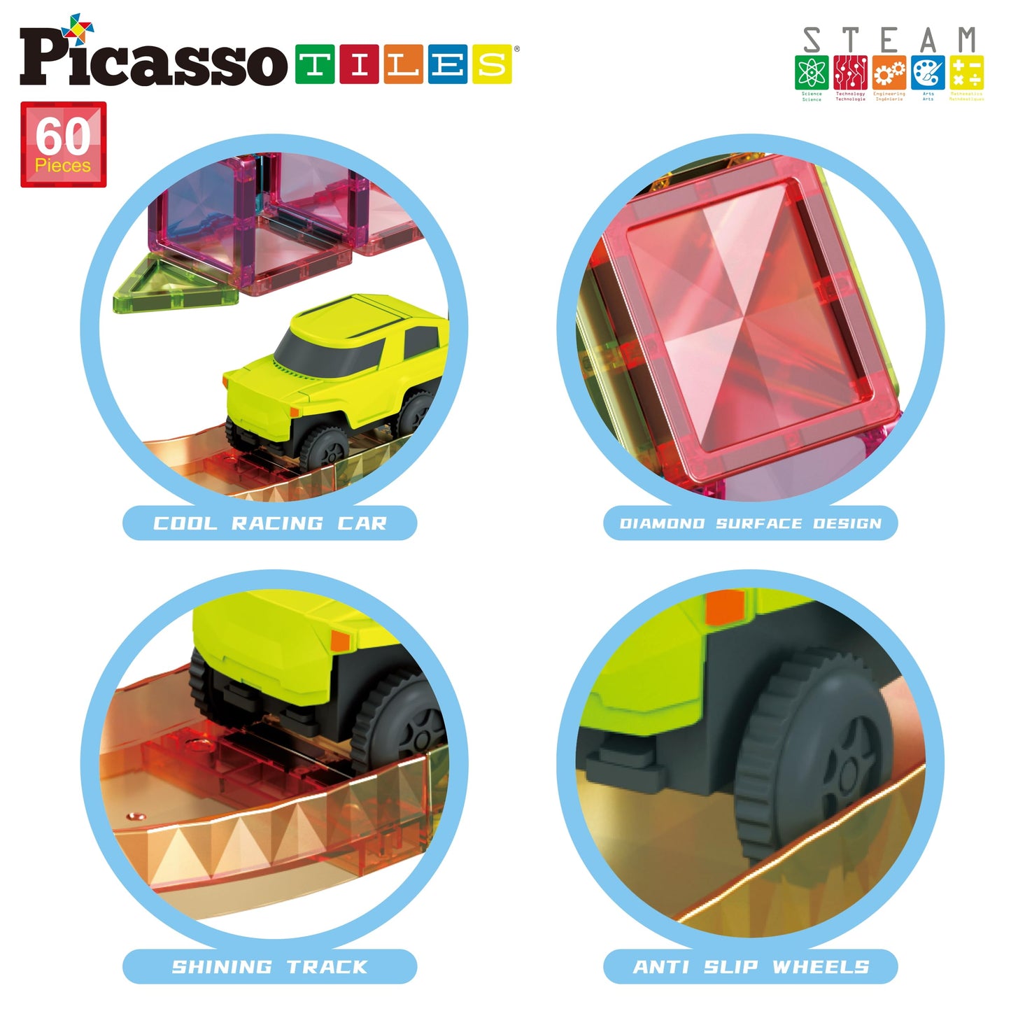 Picassotiles 60Pc Race Car Track Magnetic Tiles Travel Toy Sensory Magnet Tile Toys For Toddlers Stem Educational Learning Presc