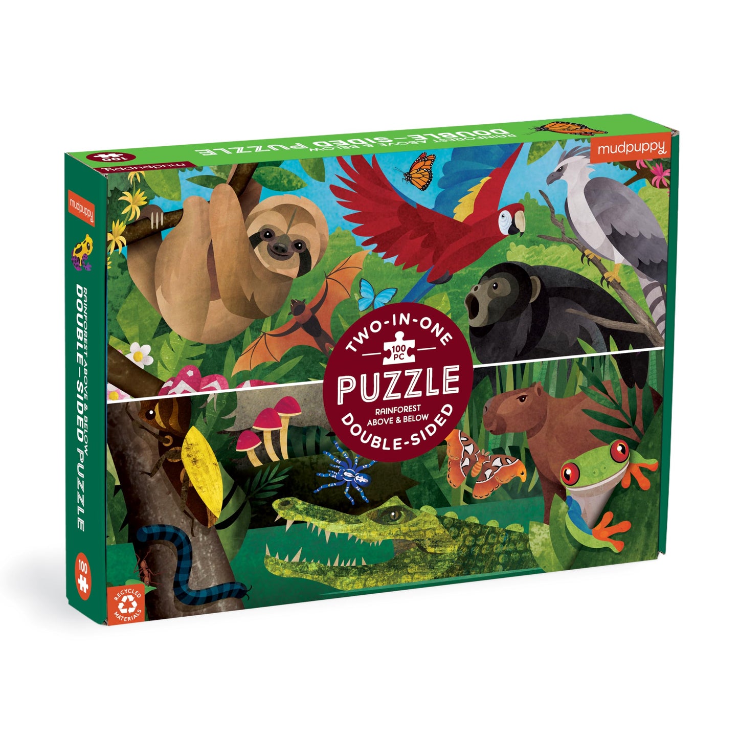 Mudpuppy Rainforest Above & Below - 100 Piece Double-Sided Puzzle With Unique And Colorful Illustrations Of Animals Above And Be