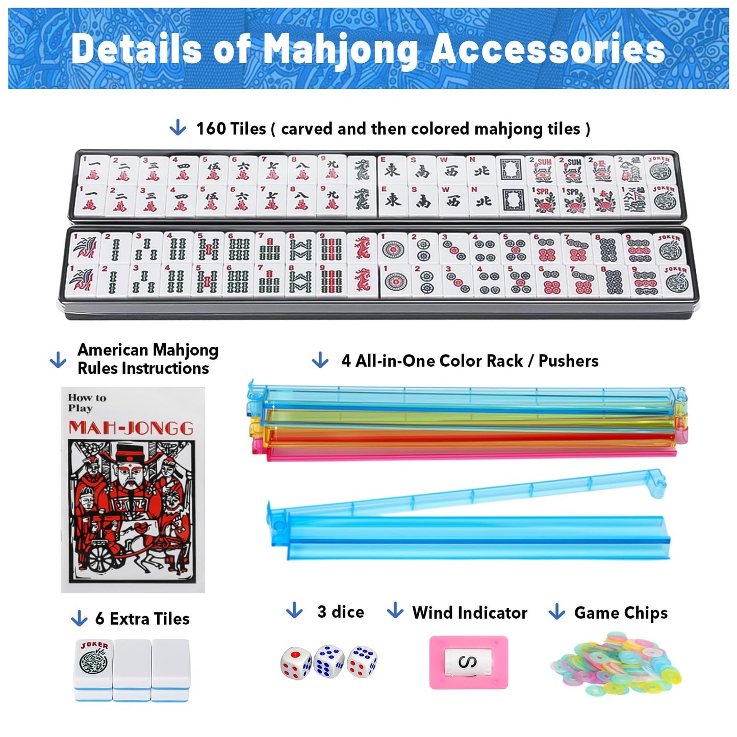 Kyerlish American Mahjong Tile Set with Blue Printed Carrying Bag 166 enhanced Tiles 4 All-in-One Color Racks/Pushers Mah Jongg Sets Mahjong Game Set for Travel Christmas Birthday Gifts