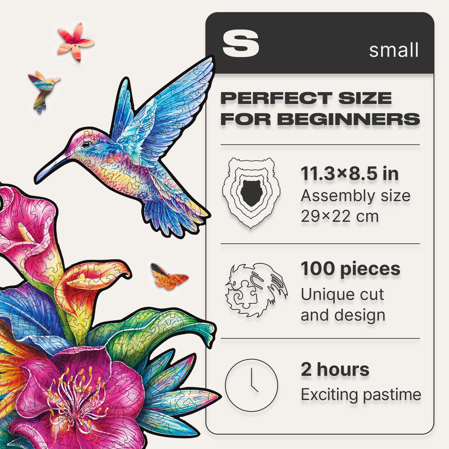 Unidragon Original Wooden Jigsaw Puzzles - Elusive Colibri, 100 Pcs, Small 11.3''X8.5'', Beautiful Gift Package, Unique Shape Be