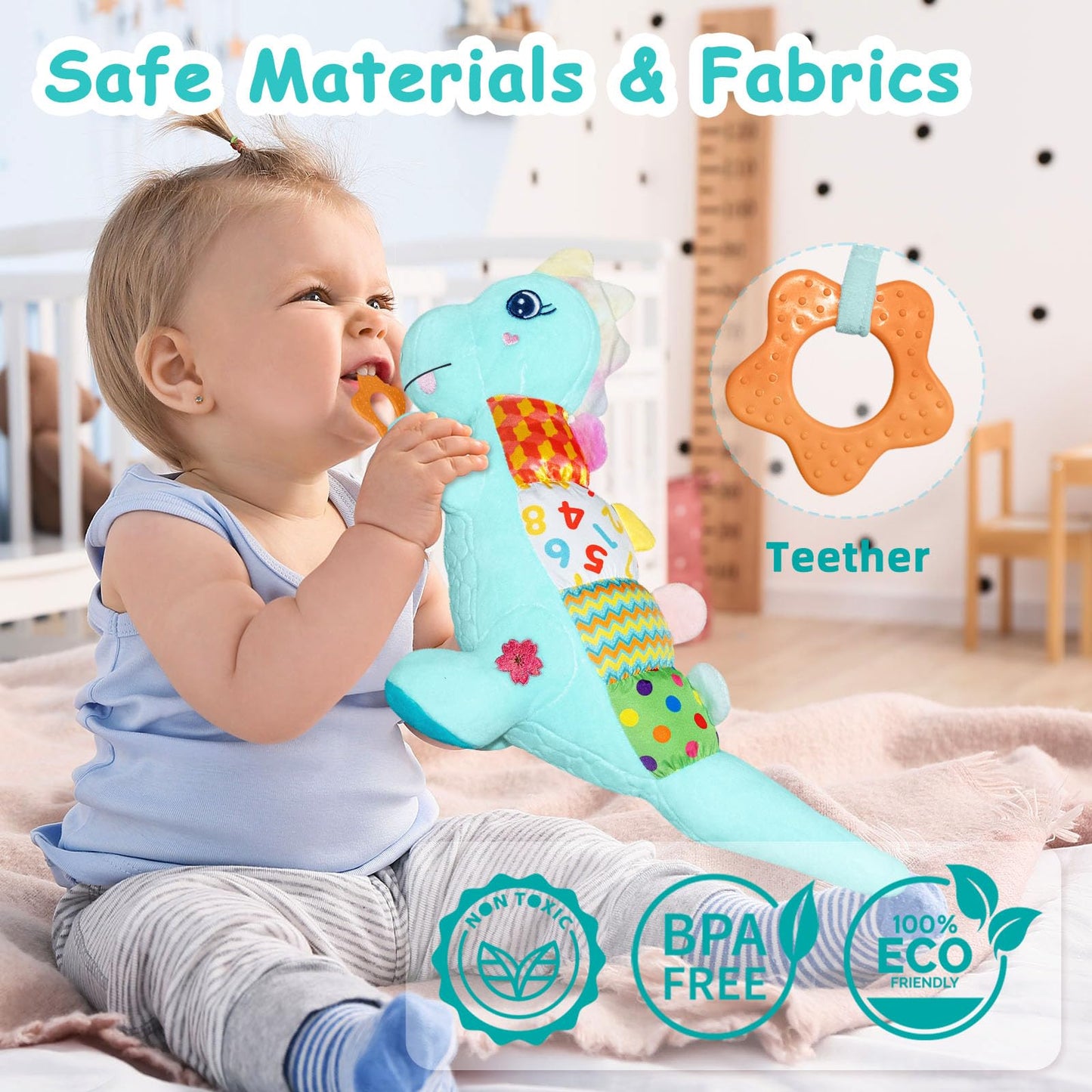 Baby Dino Plush Soft Stuffed Animal Toy For 0-3-6-12+ Months,Infant Musical Toy With Rattle,Squeaker,Sensory Crinkle,Teether & T