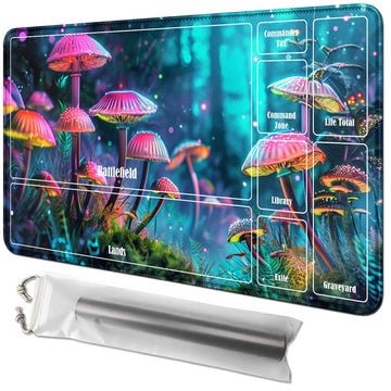 RWUTYTIUL Mushroom Forest Card Playmat - 24 X 14 Inch with Tube Bag, Card Gameplay Mat with Zones for Commander Deck MTG RPG CCG
