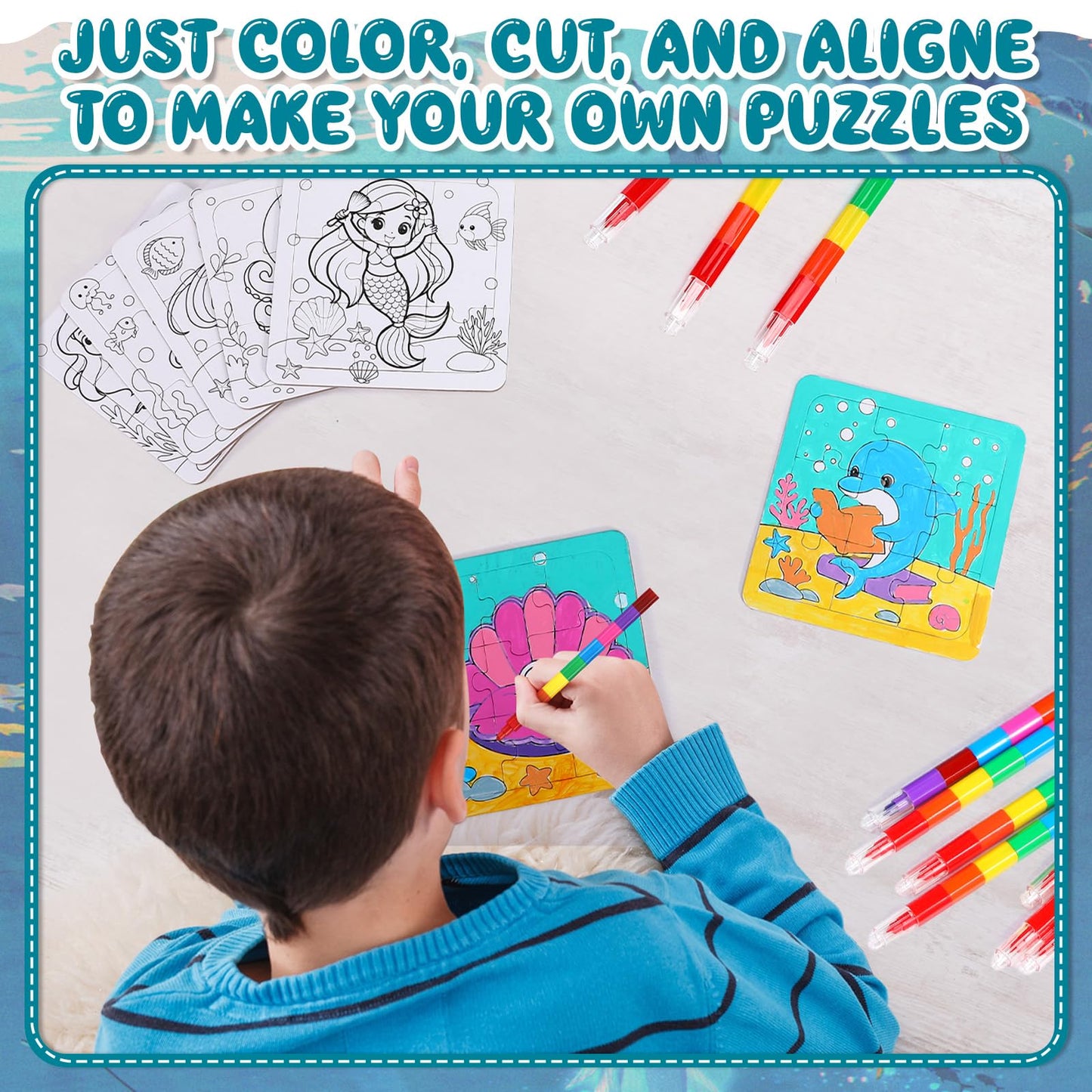 Fullhawl 12 Sets Mermaid Puzzles Underwater Color Your Own Puzzles DIY Jigsaw Crafts with 12 Stackable Crayons and 12 Bags for Under The Sea Theme Gifts Birthday Party Supplies(12 Mermaid)