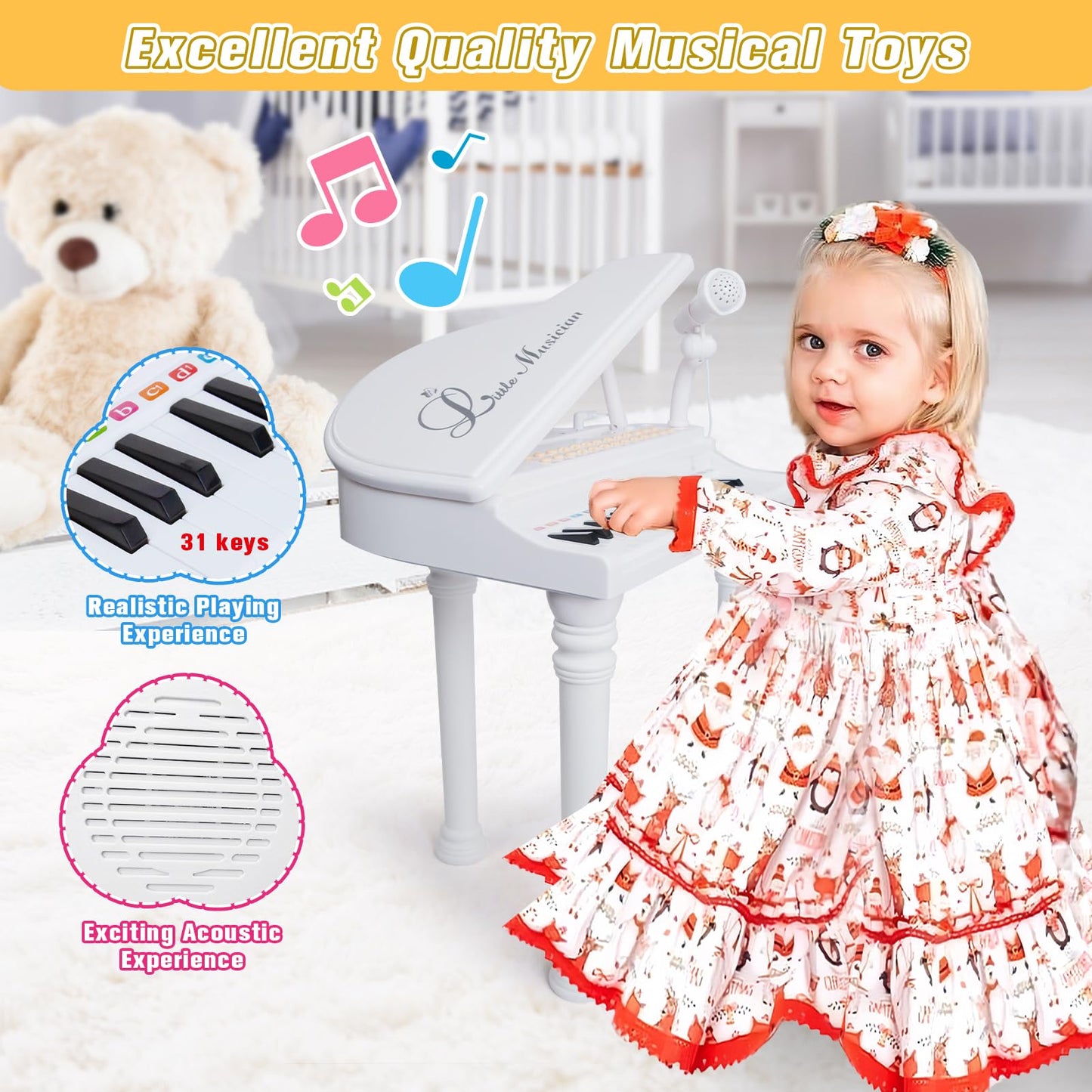 Love&Mini Piano Toy Keyboard White 31 Keys For Age 2+ Year Old Girls Boys Birthday Gifts, Kids Keyboard Toy Instruments White Piano With Microphone And Stool
