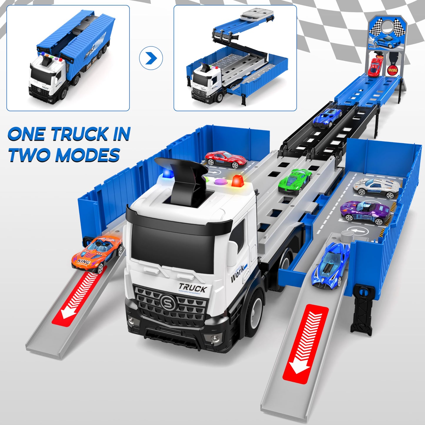 Carrier Truck Race Track Toddlers Toys, Foldable 3 Layer Car Race Track Playset, Toy Truck Transport Car Carrier & 8 Race Cars,