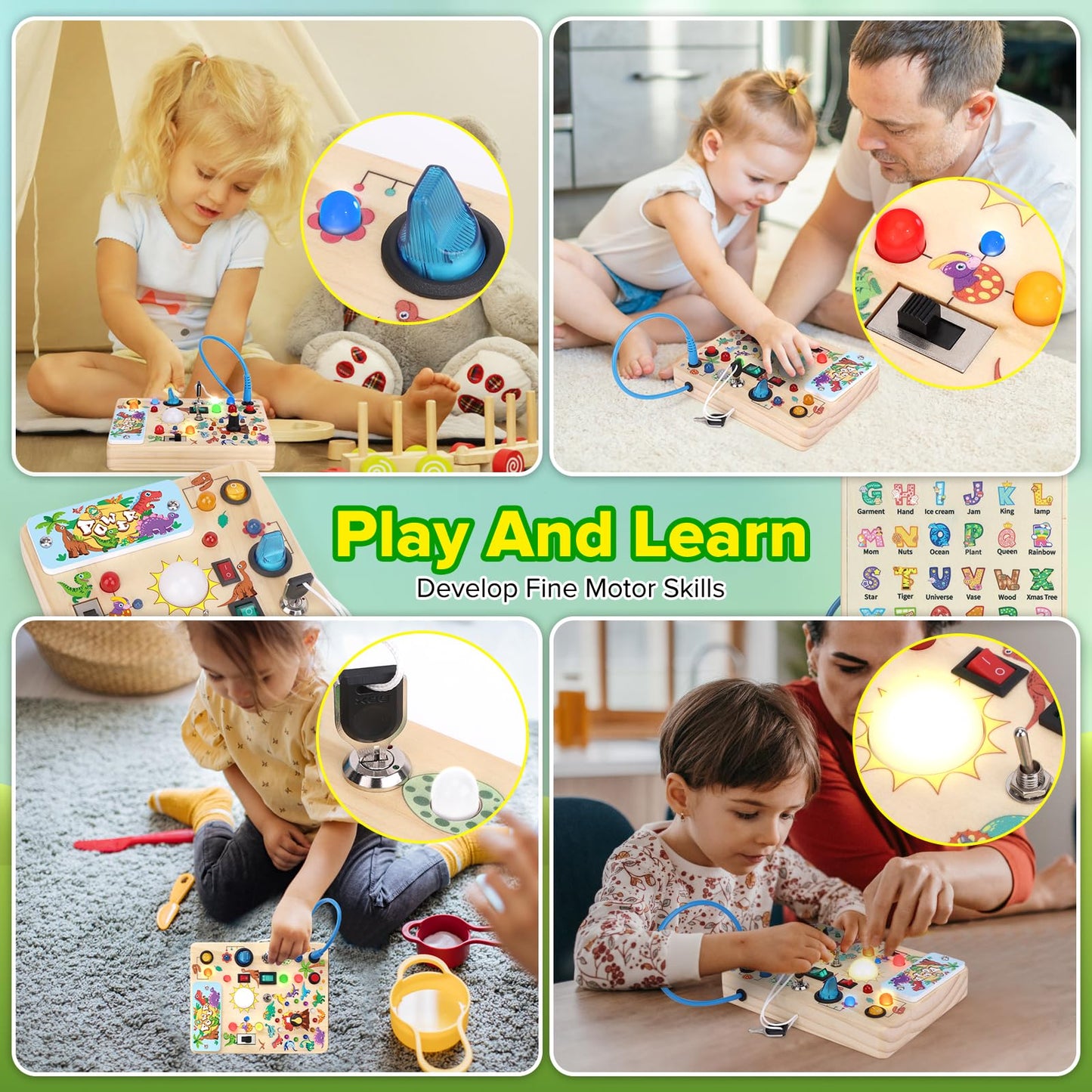 Wakeinsa Toddler Busy Board,Montessori Toys For 1-3 Years Old,Baby Sensory Board,Wooden Learning Toys,Christmas & Birthday Gift For Boys & Girls (Dinosaur Busy Board V2)
