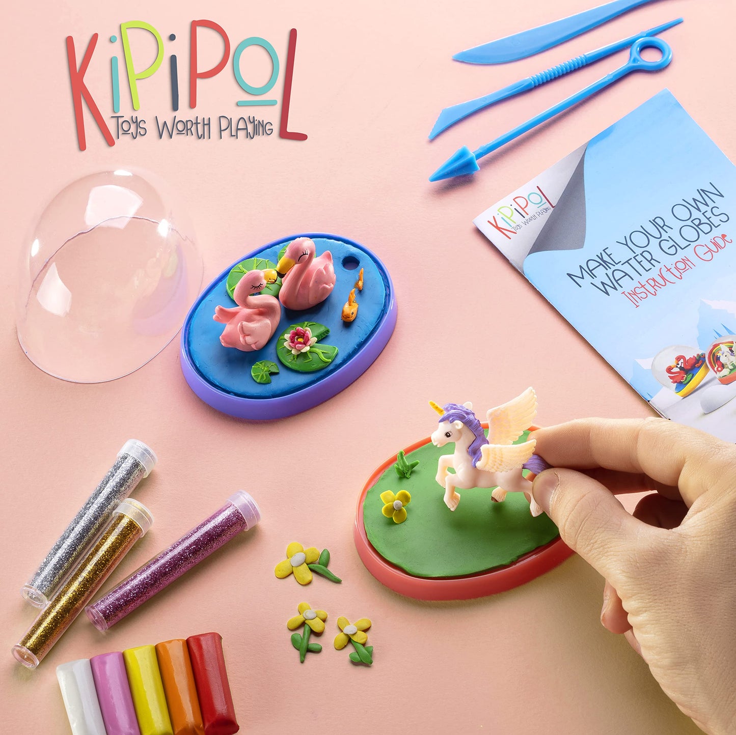 Kipipol Snow Globe Making Kit for Kids - Make Your Own Snow Globes for Girls w/ 4 DIY Snowglobe, 5 Figures, 20 Packs of Modeling