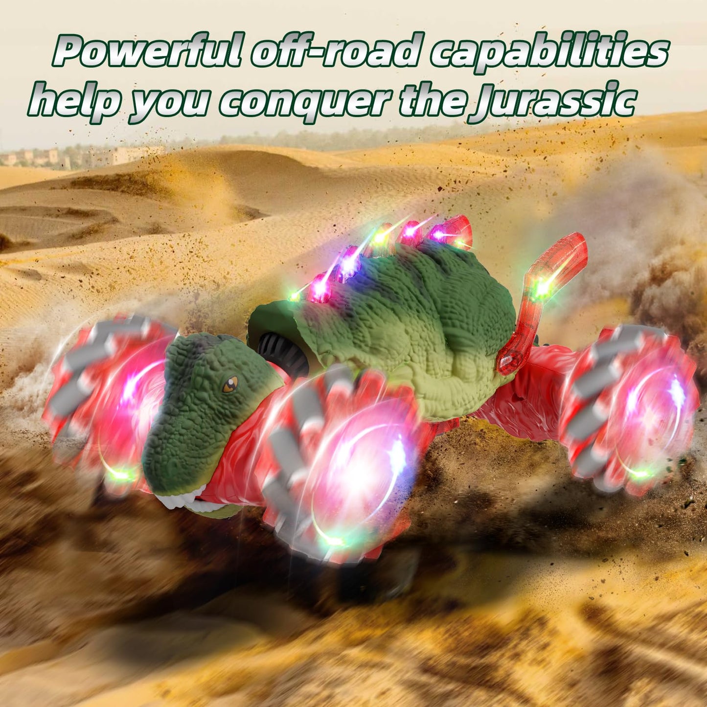 Terucle Dinosaur Remote Control Car, 2.4Ghz 4WD RC Cars with Dinosaur Sounds & Light Music, Gravity Gesture Sensing Remote Contr