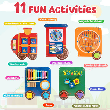 Train Activity Wall Busy Board Panels | 11-in-1 Wooden Sensory Wall Panel for Kids, Toddler Montessori Learning Activity Center,